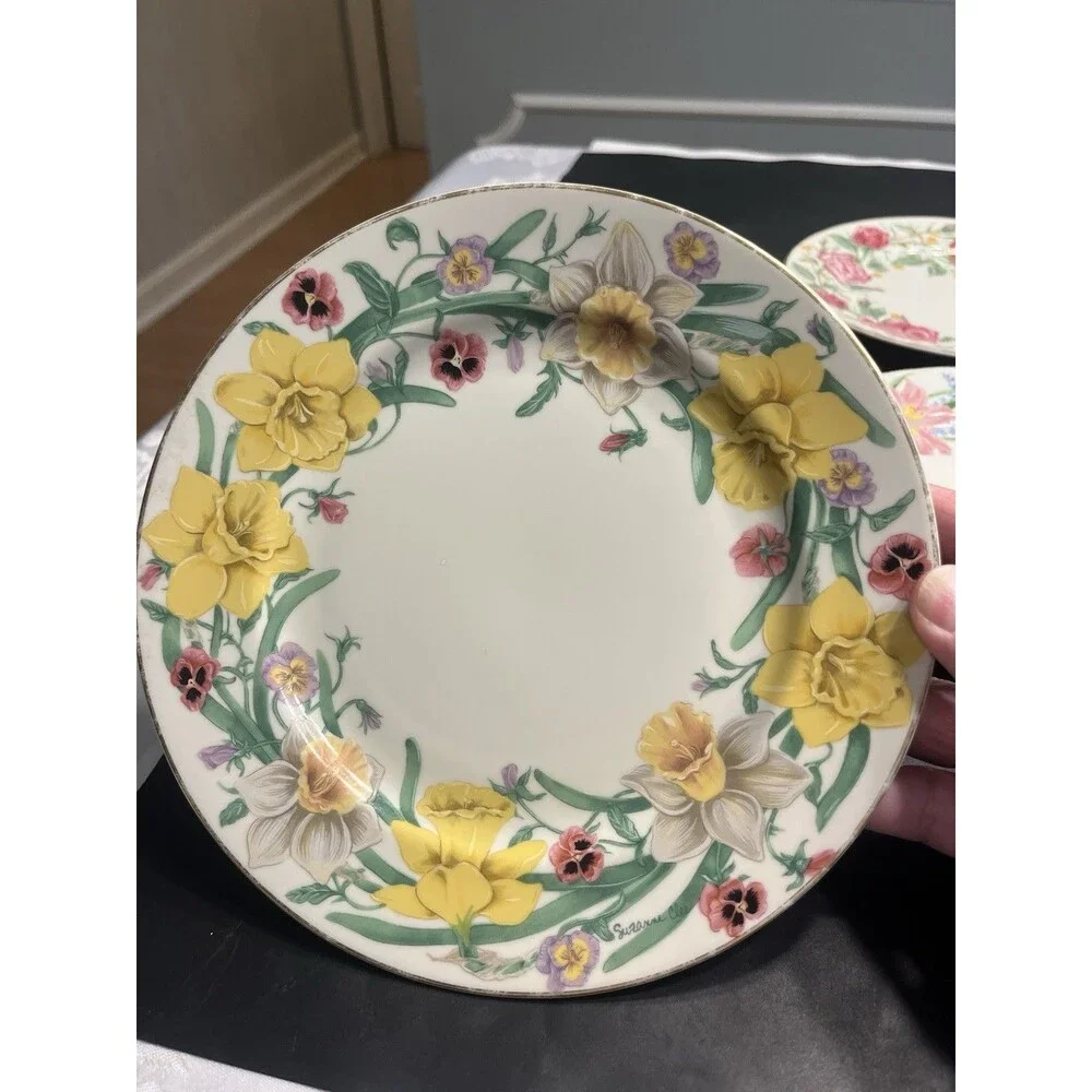 4pc LENOX The Flower Blossom Collection Dessert Plates Daffodil Rose Lily Iris